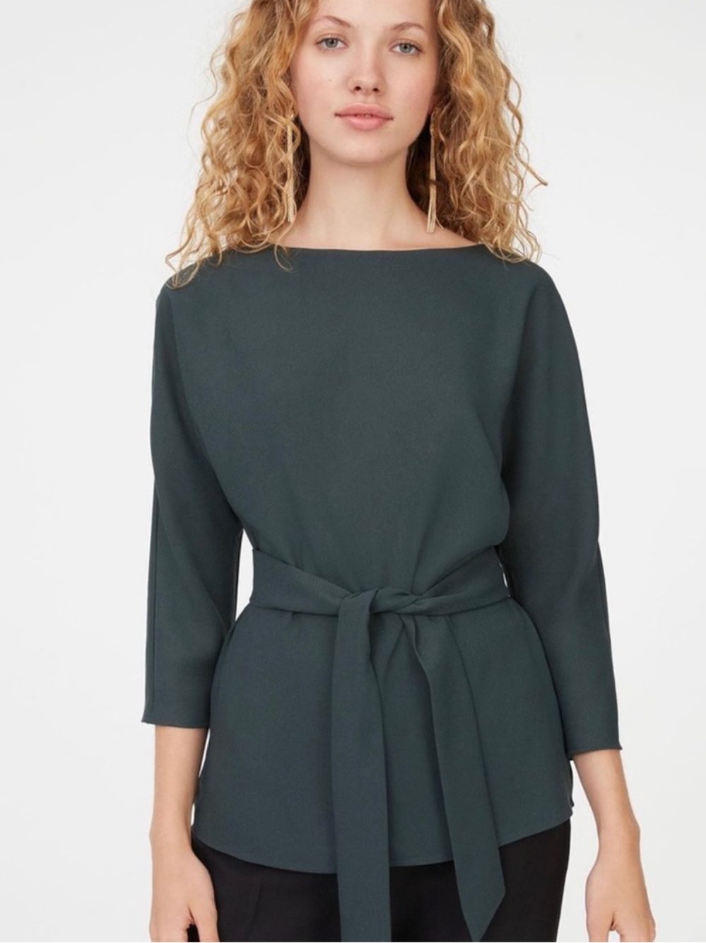 Club Monaco Lilia Tie Waist Blouse Top Size XS Green Minimalist Belted Office